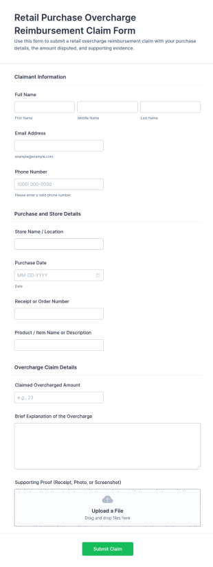 Retail Purchase Overcharge Reimbursement Claim Form Template