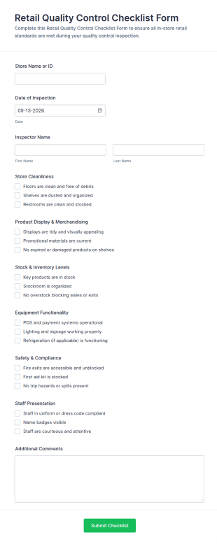 Retail Quality Control Checklist Form Template