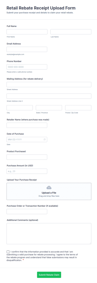 Retail Rebate Receipt Upload Form Template