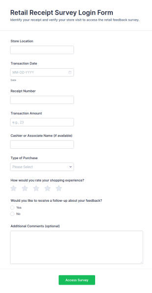 Retail Receipt Survey Login Form Template