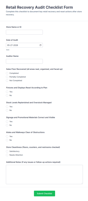 Retail Recovery Audit Checklist Form Template