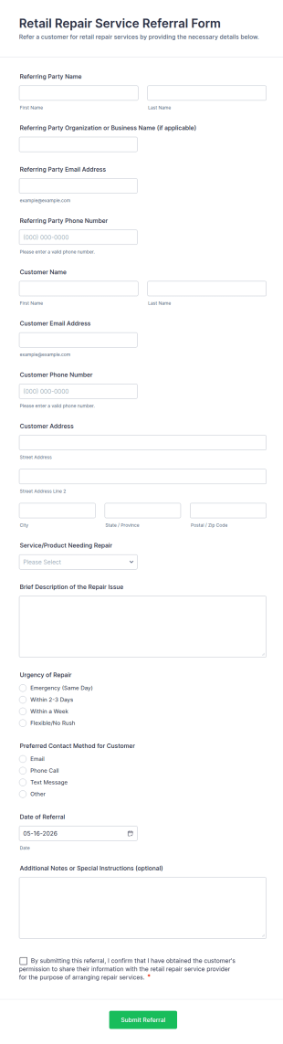 Retail Repair Service Referral Form Template