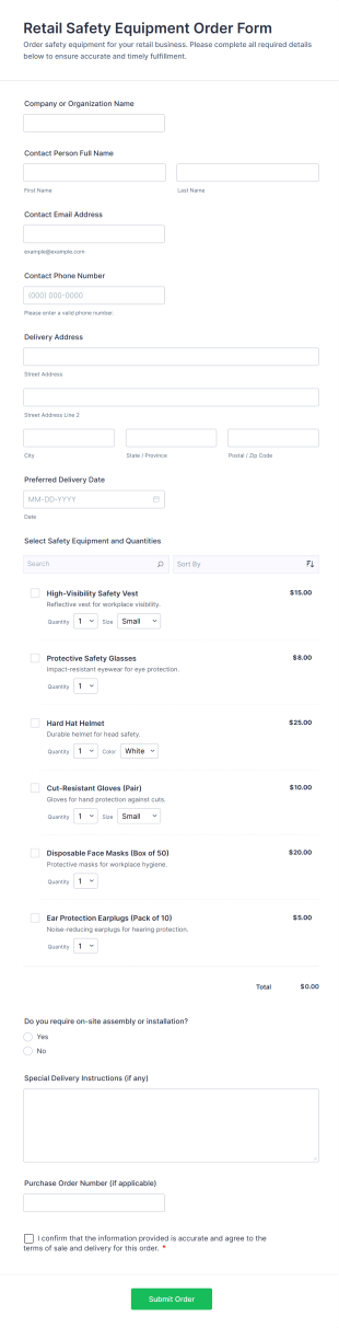 Retail Safety Equipment Order Form Template