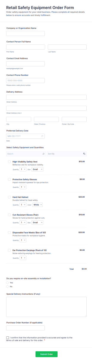Retail Safety Equipment Order Form Template
