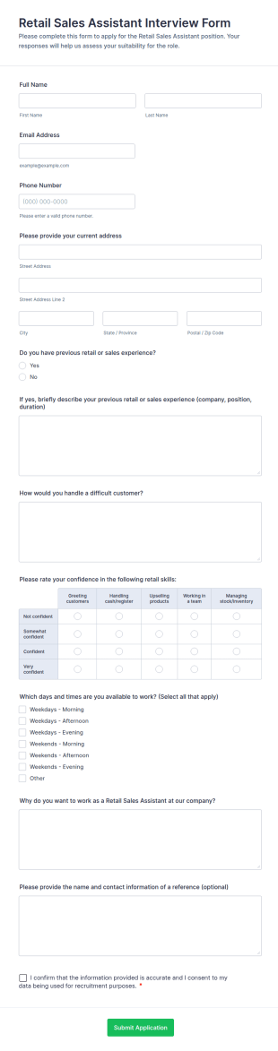 Retail Sales Assistant Interview Form Template