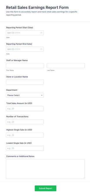Retail Sales Earnings Report Form Template