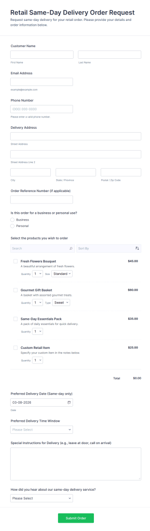 Retail Same Day Delivery Order Request Form Template
