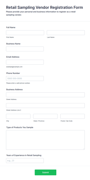 Retail Sampling Vendor Registration Form Template