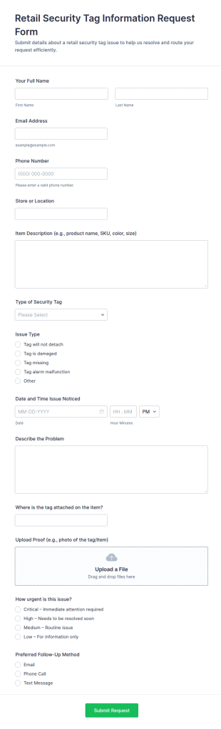 Retail Security Tag Information Request Form Template
