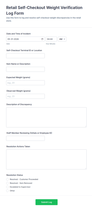 Retail Self Checkout Weight Verification Log Form Template