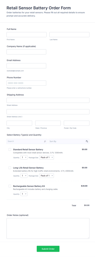 Retail Sensor Battery Order Form Template