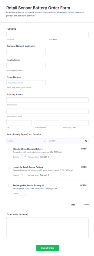 Retail Sensor Battery Order Form Template