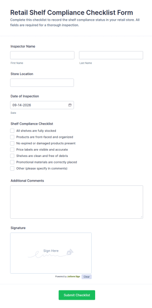 Retail Shelf Compliance Checklist Form Template