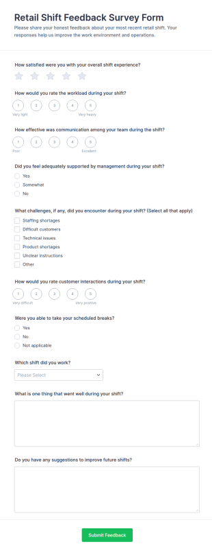 Retail Shift Feedback Survey Form Template