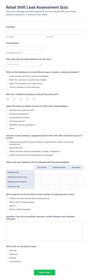 Retail Shift Lead Assessment Quiz Form Template