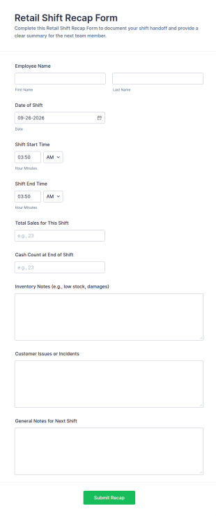 Retail Shift Recap Form Template