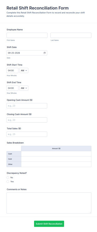Retail Shift Reconciliation Form Template