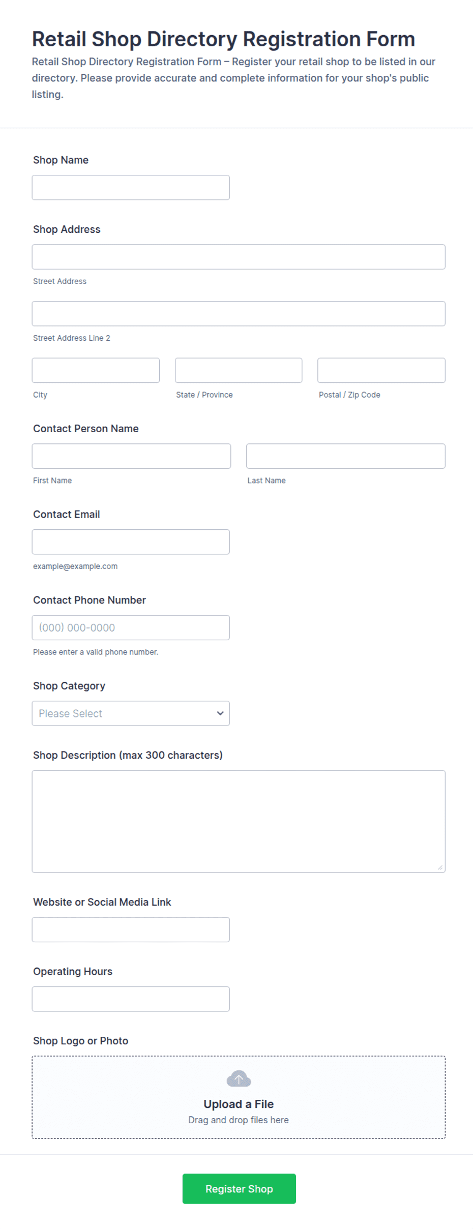 Retail Shop Directory Registration Form Template | Jotform