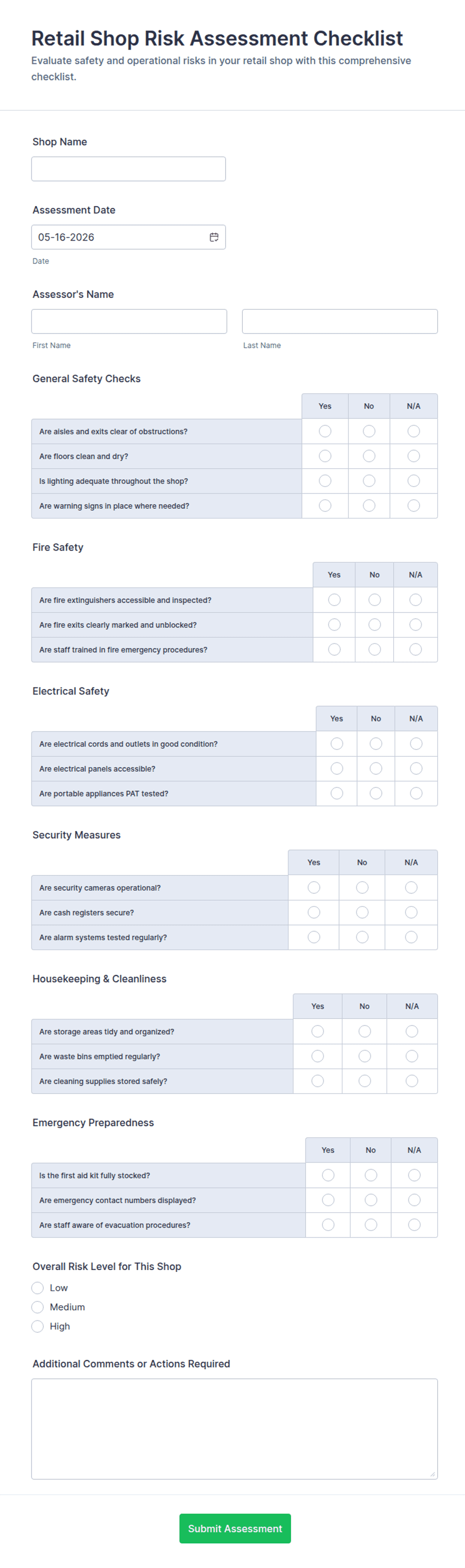 Retail Shop Risk Assessment Checklist Form Template | Jotform