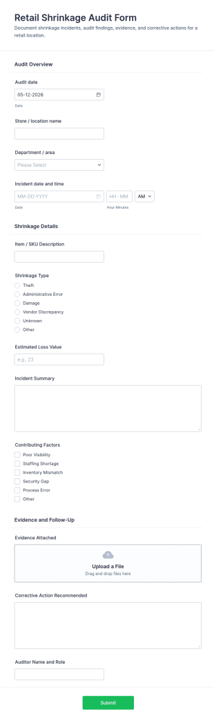 Retail Shrinkage Audit Form Template