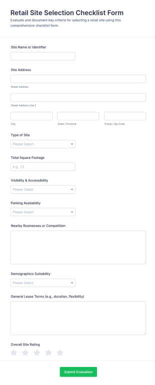 Retail Site Selection Checklist Form Template