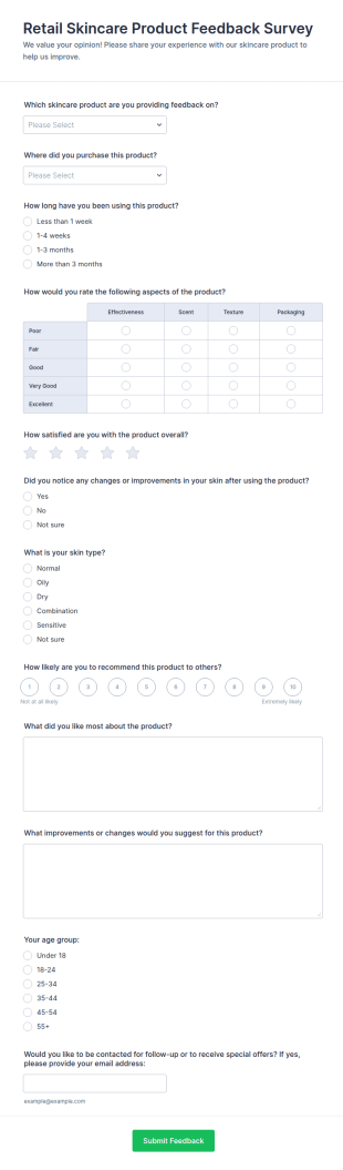 Retail Skincare Product Feedback Survey Form Template