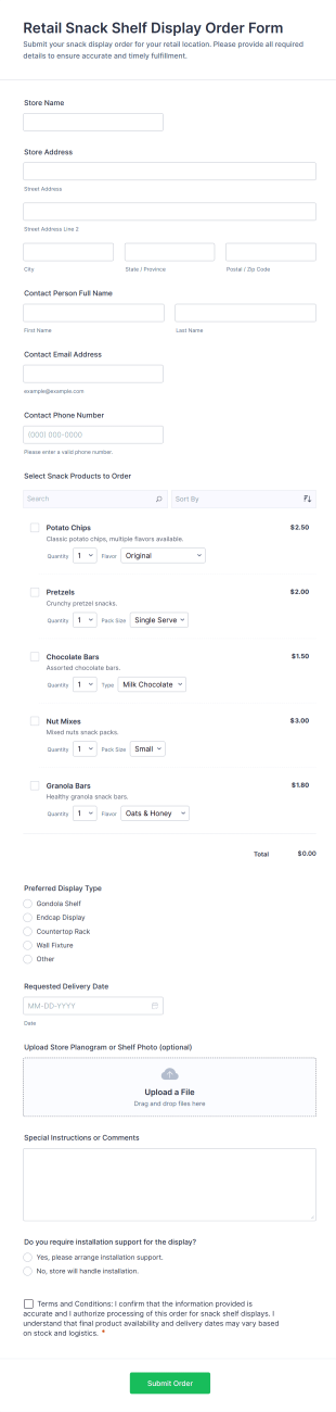 Retail Snack Shelf Display Order Form Template
