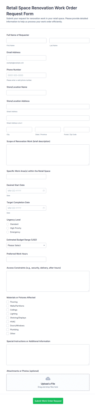 Retail Space Renovation Work Order Request Form Template