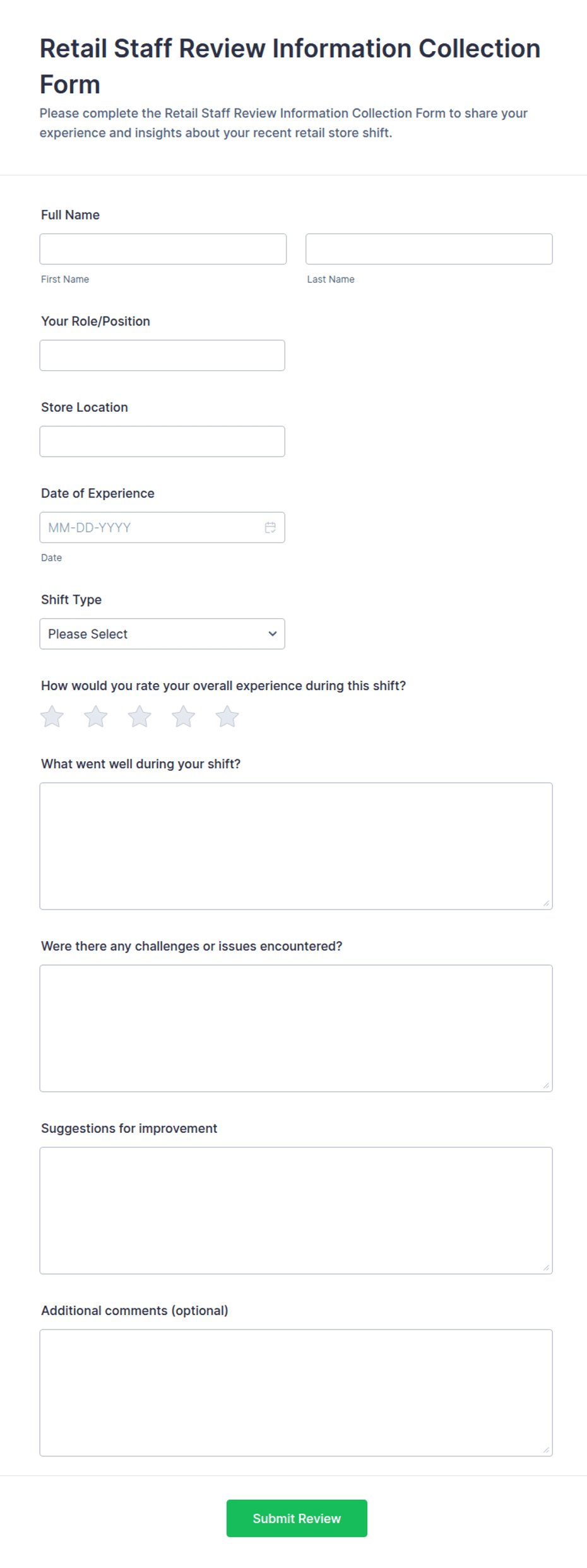 Retail Staff Review Information Collection Form Template | Jotform