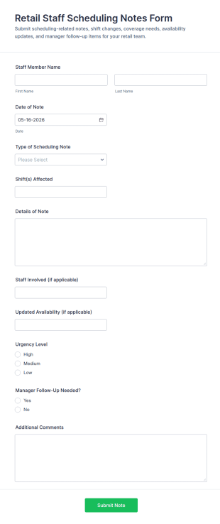 Retail Staff Scheduling Notes Form Template