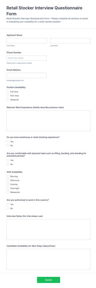 Retail Stocker Interview Questionnaire Form Template