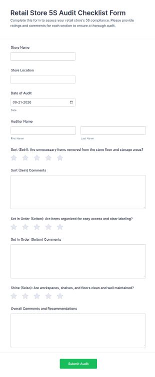 Retail Store 5S Audit Checklist Form Template