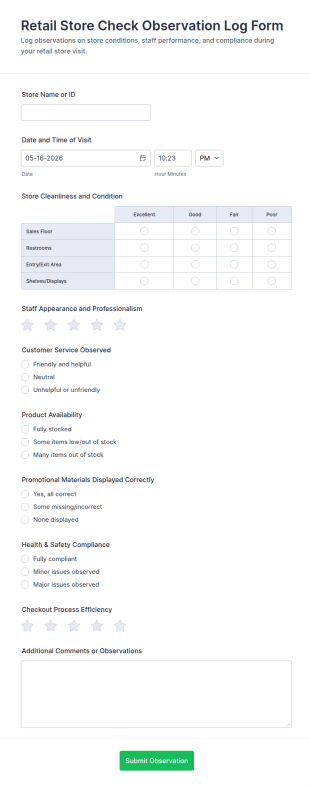 Retail Store Check Observation Log Form Template
