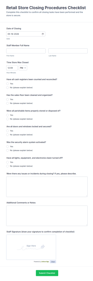 Retail Store Closing Procedures Checklist Form Template