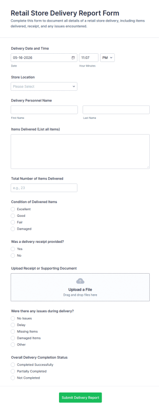 Retail Store Delivery Report Form Template