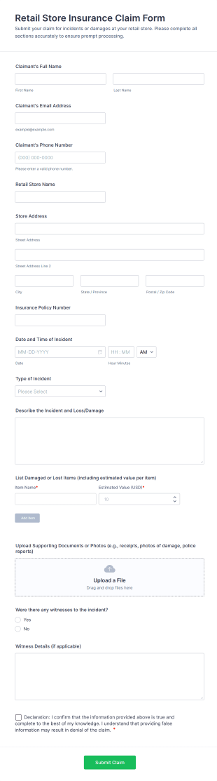 Retail Store Insurance Claim Form Template