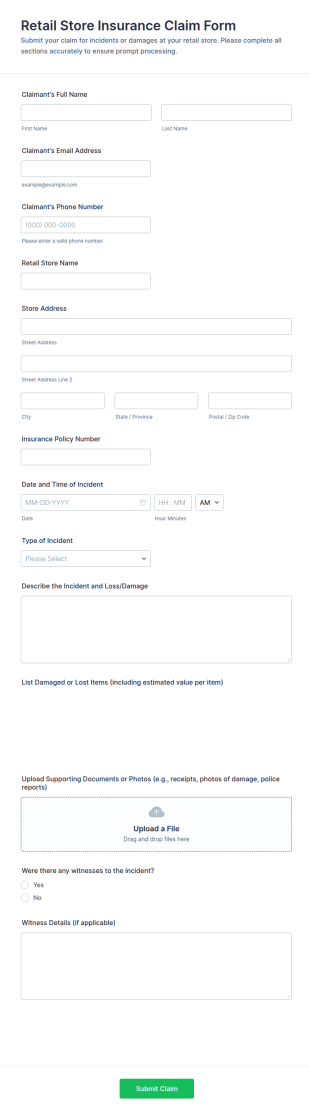 Retail Store Insurance Claim Form Template
