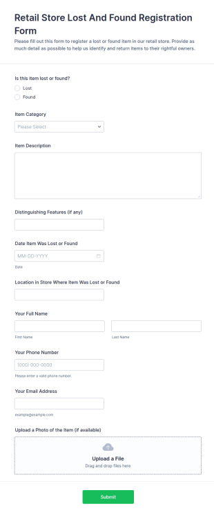 Retail Store Lost And Found Registration Form Template