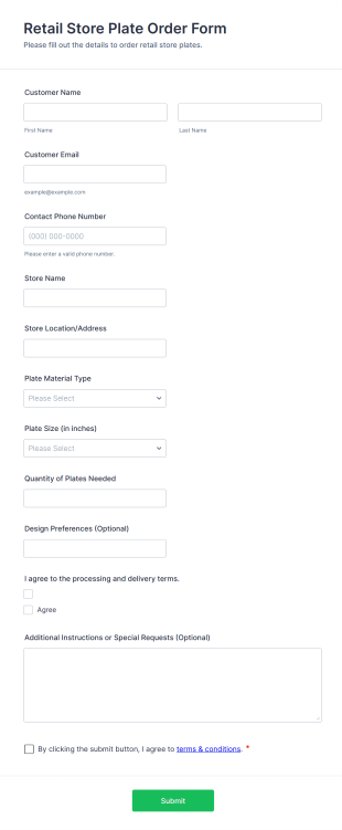 Retail Store Plate Order Form Template