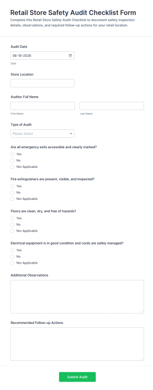Retail Store Safety Audit Checklist Form Template