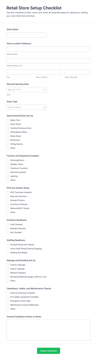 Retail Store Setup Checklist Form Template
