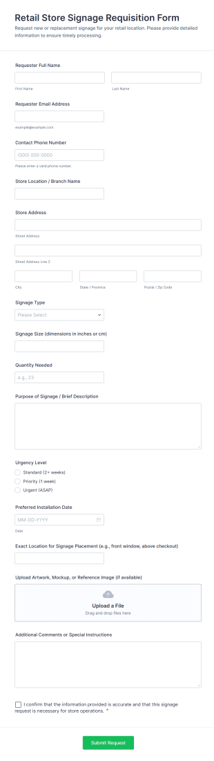 Retail Store Signage Requisition Form Template