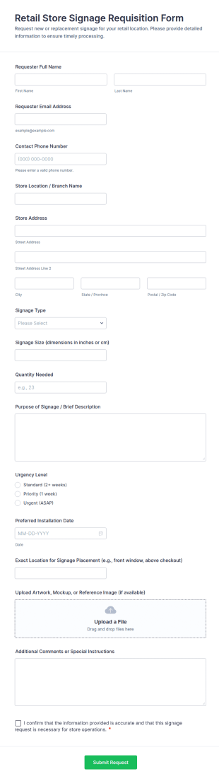 Retail Store Signage Requisition Form Template