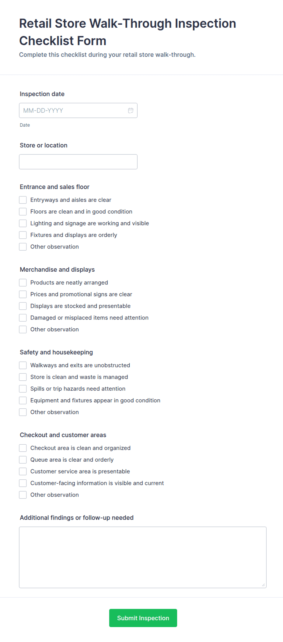 Retail Store Walk-Through Inspection Checklist Form Template | Jotform