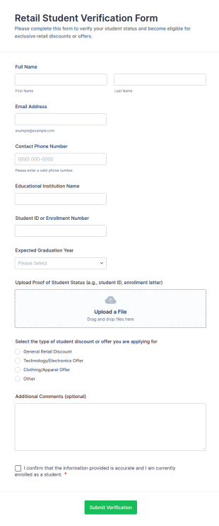Retail Student Verification Form Template