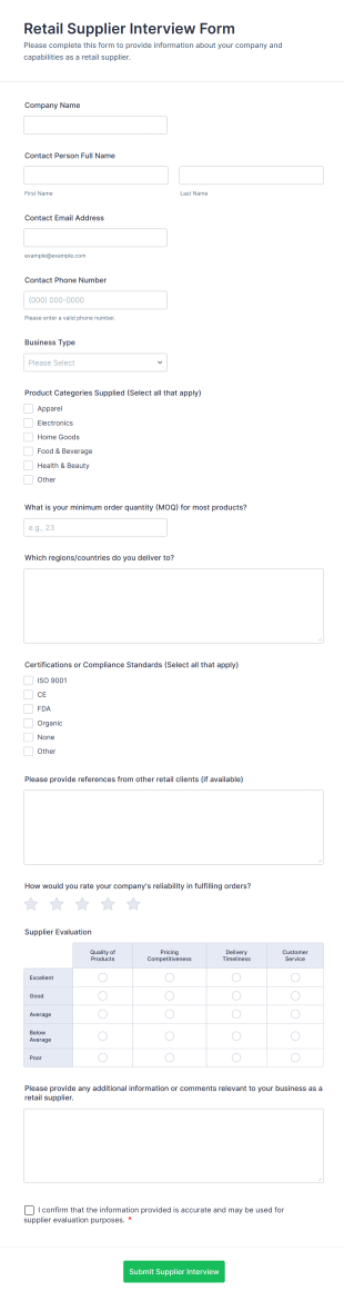 Retail Supplier Interview Form Form Template
