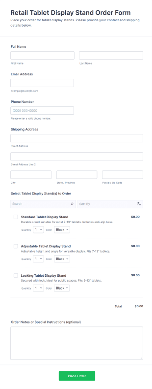 Retail Tablet Display Stand Order Form Template