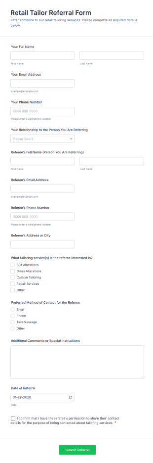 Retail Tailor Referral Form Template