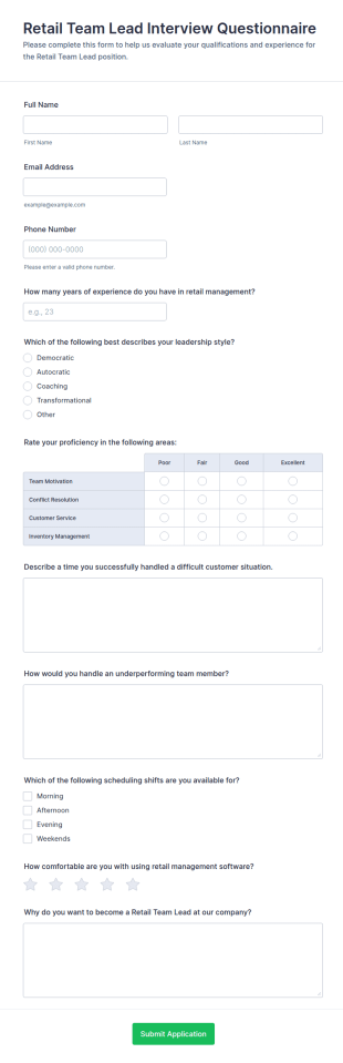Retail Team Lead Interview Questionnaire Form Template