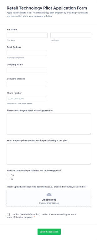 Retail Technology Pilot Application Form Form Template